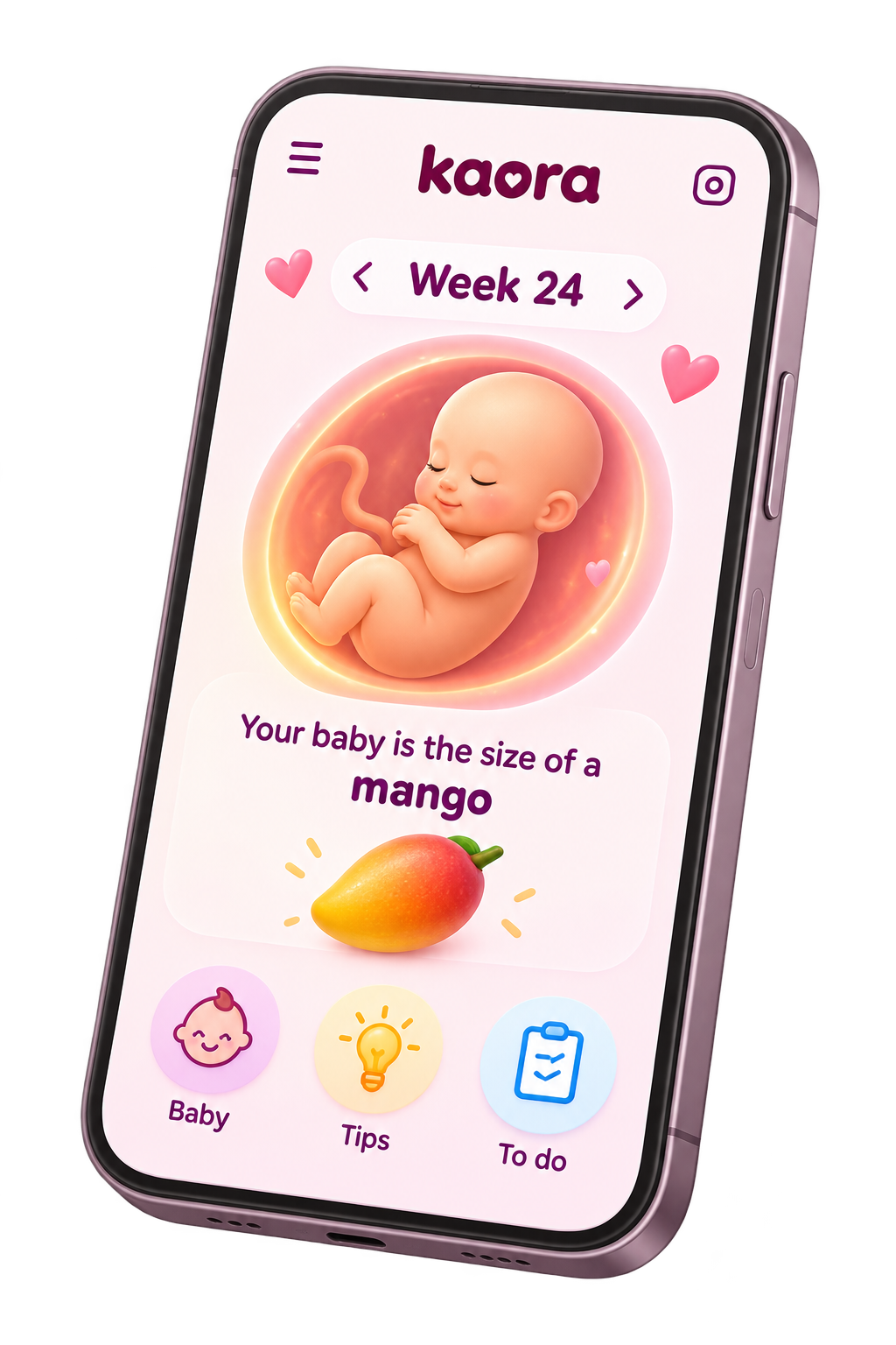 Illustrated Kaora phone concept showing a baby and Week 24